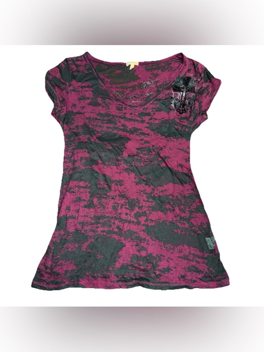 Maurices Burnout Velvet Maroon Angel Wings Cross Size L Womens Short Sleeve Y2K
